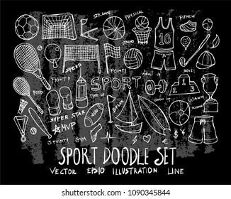 Hand drawn Sketch doodle vector line Sport element icon set on Chalkboard