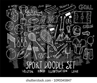 Hand drawn Sketch doodle vector line Sport element icon set on Chalkboard