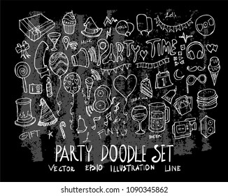 Hand drawn Sketch doodle vector line Party element icon set on Chalkboard