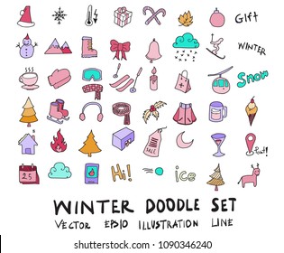 Hand drawn Sketch doodle vector line color icons collection of Winter element icon set on white background