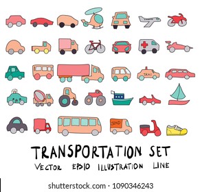 Hand drawn Sketch doodle vector line color icons collection of Transport element icon set on white background