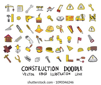 Hand drawn Sketch doodle vector line color icons collection of  Construction icon set on white background