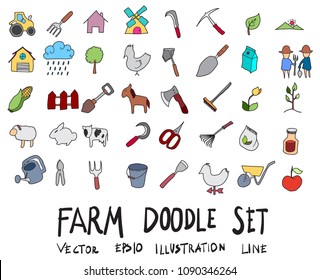 Hand drawn Sketch doodle vector line color icons collection of  Farm icon set on white background