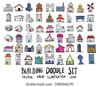 Hand drawn Sketch doodle vector line color icons collection of  Building icon set on white background