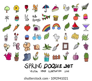 Hand drawn Sketch doodle vector line Spring colour icon set on white