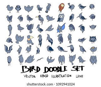 Hand drawn Sketch doodle vector line Bird colour icon set on white