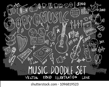 Hand drawn Sketch doodle vector music element icon set on Chalkboard