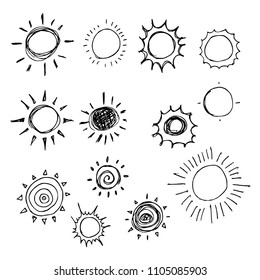 Hand drawn Sketch doodle vector line Sun icon element set