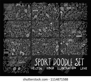 Hand drawn Sketch doodle vector line Sport element icon set on Chalkboard