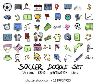 Hand drawn Sketch doodle vector line Football colour icon set on white
