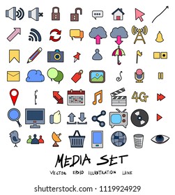 Hand drawn Sketch doodle vector line Media colour icon set on white