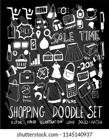 Hand drawn Sketch doodle vector Shopping set on Chalkboard