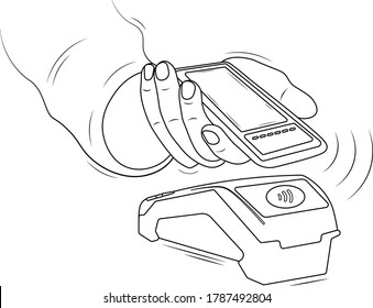 hand drawn sketch doodle vector illustration contactless payment online wallet credit card pay by smart phone mobile application electronic money terminal cash in the office