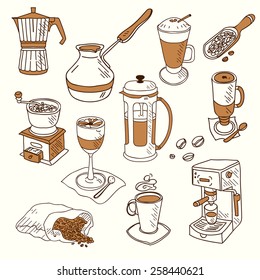 Hand drawn sketch doodle vintage simple coffee theme devices coffeemaking Menu design for cafe and restaurant Vector illustration.