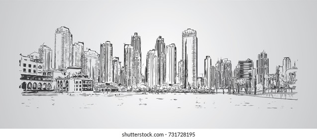 Hand drawn sketch of Downtown Dubai in vector illustration.