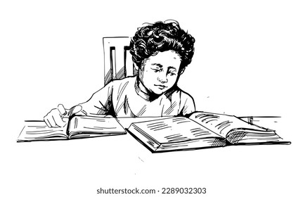 Hand drawn sketch drawing of young boy doing study, line art illustration of boy doing study.