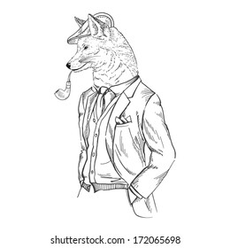 Hand drawn sketch of dressed up fox isolated on white