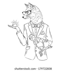 Hand drawn sketch of dressed up fox with chicken and golden egg isolated on white