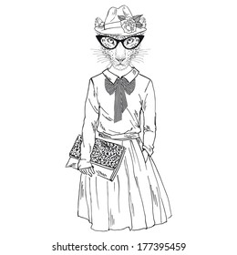 Hand drawn sketch of dressed leopard girl hipster isolated on white