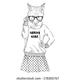 Hand drawn sketch of dressed up nerdy fox girl isolated on white