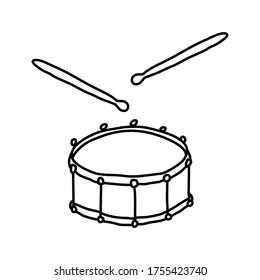 Hand drawn sketch of drum in doodle style on white background. Vector illustration.