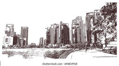 Hand drawn sketch of Dubai buildings in vector illustration.