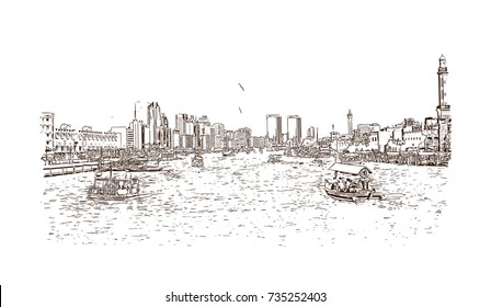 Hand drawn sketch of Dubai crick Abra in vector Illustrator. Dubai United Arab Emirates.