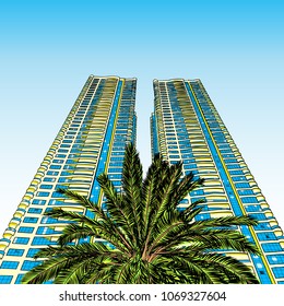 Hand drawn sketch of Dubai luxury hotel or tall building skyscraper with the palm from below. Illustration, vector.