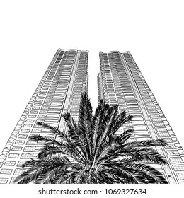 Hand drawn sketch of Dubai luxury hotel or tall building skyscraper with the palm from below. Illustration, vector.
