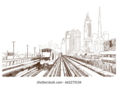 Hand drawn sketch of Dubai Metro in vector illustration