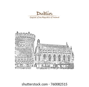 Hand drawn sketch of Dublin Castle off Dame Street, Dublin, Ireland in vector illustration.