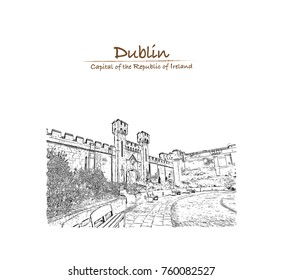 Hand drawn sketch of Dublin Castle off Dame Street, Dublin, Ireland in vector illustration.