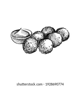 Hand drawn sketch of Dutch Bitterballen meat patties. Veal meat croquettes on a white background. Dutch cuisine. Food. Meals. 