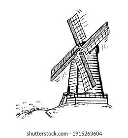 Hand drawn sketch Dutch vintage windmill  Engraved style vector illustration isolated white background  Element for your design works  Easy to use  Coloring book  Pencil drawing black   white 