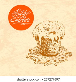 Hand drawn sketch of easter cake. Vector vintage line art illustration on texture paper. Happy easter lettering in circle. 