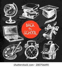 Hand drawn sketch education object set. Back to school vector illustrations. Chalkboard design. Black chalk texture