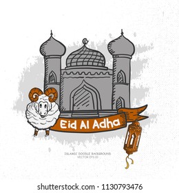 Hand drawn Sketch of Eid Al Adha or Eid Al Qurba with Mosque & Goat Illustration 