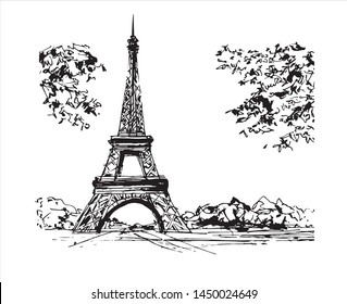 Hand drawn sketch of  Eiffel Tower Paris, France architecture vintage illustration