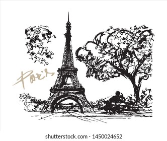 Hand drawn sketch of  Eiffel Tower Paris, France architecture vintage illustration