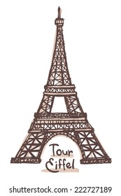 Hand drawn sketch of the Eiffel Tower, Paris, France. Vector outline sketch isolated on white background