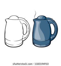 Hand drawn sketch of electric kettle, vector illustration isolated on white background, line art sketch, black and white and color version