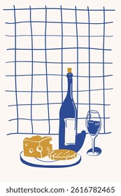 Hand drawn sketch of elegant glasses and bottle of wine, cheese on a plate. Vintage poster, card, invitation. Festive mood and party.