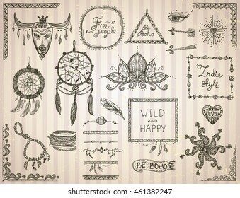 Hand drawn sketch elements set in boho style, hippie, indie style, tattoo templates, dream catcher, necklace and bracelets, frames, dividers and flowers
