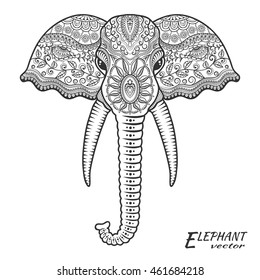 Hand drawn sketch elephant, zentangle style animal for coloring book page, zendala. Vector doodle pattern, ethnic ornament for meditation, relaxation for adults, isolated on a white background.