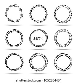 Hand drawn sketch of empty round frames . Vector set 1 .