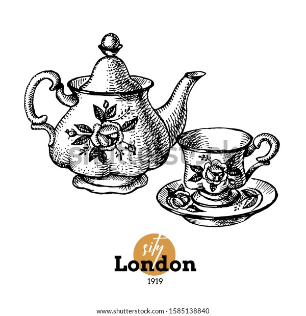 Hand drawn sketch England\
illustration. Vector black and white vector vintage London\
background