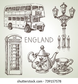 Hand drawn sketch England set. Vector black and white vector vintage London illustration. Great Britain elements