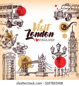 Hand drawn sketch England vintage banner. Vector London illustration. Great Britain background set