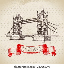 Hand drawn sketch England vintage background. Vector black and white vector vintage London Tower Bridge illustration. Great Britain element