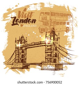 Hand drawn sketch England vintage background. Vector black and white vector London illustration. Great Britain poster
